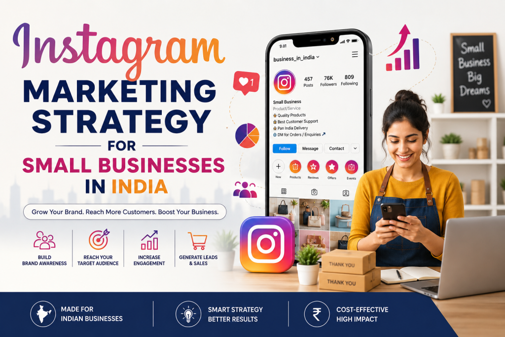 Instagram Marketing Strategy for Small Businesses in India Instagram marketing strategy banner showing small business growth, audience targeting, engagement, and lead generation in India.