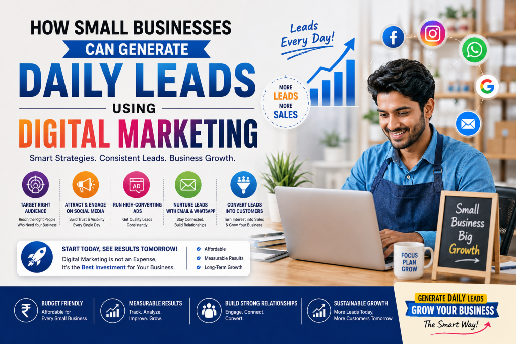 How Small Businesses Can Generate Daily Leads Using Digital Marketing Digital marketing strategies for small businesses to generate daily leads using social media, ads, and WhatsApp marketing.